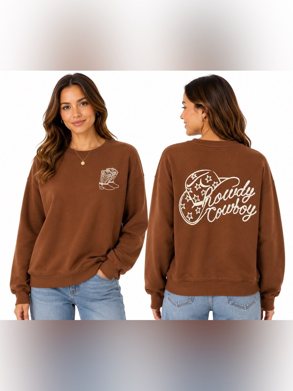 Western Cowboy Graphic Crewneck Sweatshirt Brown Fleece Pullover Rodeo Size M